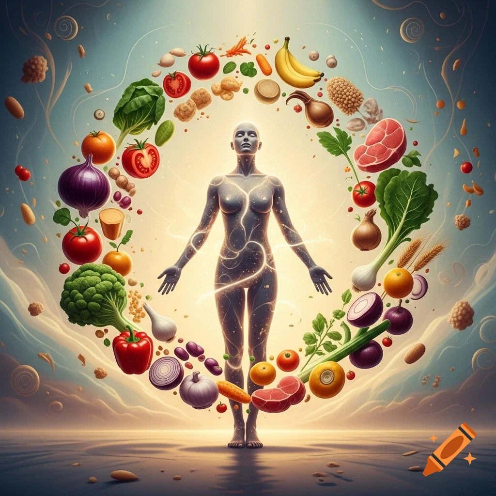 A glowing, ethereal human figure stands with arms outstretched, surrounded by a vibrant, circular array of fresh fruits, vegetables, and meat.