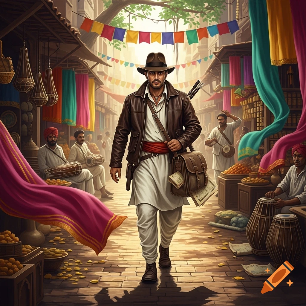An Indian adventurer resembling Indiana Jones walks through a bustling marketplace under colorful banners, carrying a satchel and weapon.