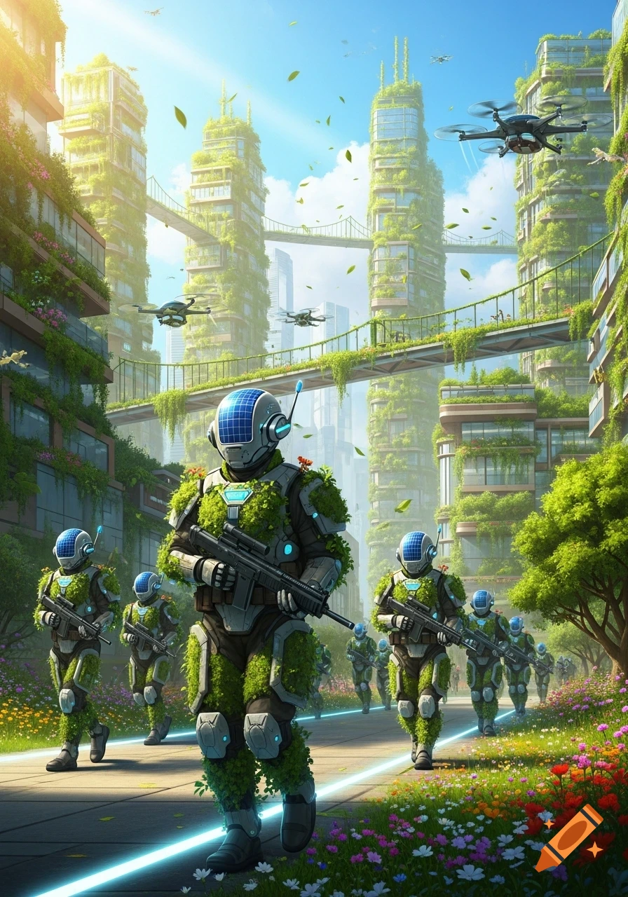 Solarpunk soldiers in armored suits covered in moss walk through a vibrant green city with plant-covered skyscrapers and drones flying overhead.