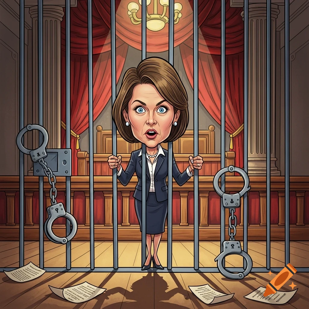 A cartoon caricature of a woman with a large head and wide eyes, dressed in a business suit, standing behind jail bars in a courtroom with handcuffs and scattered papers on the floor.