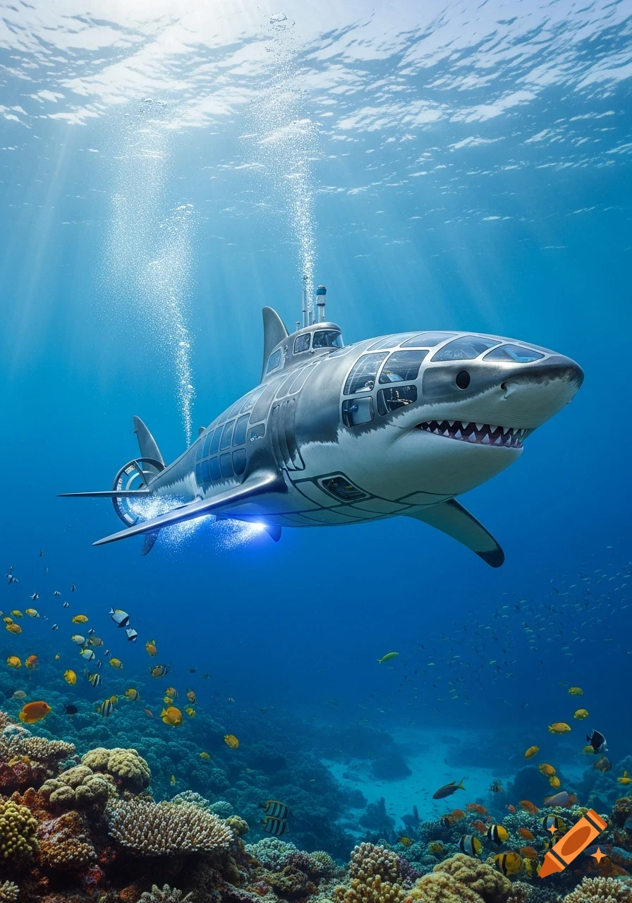 A photorealistic shark-shaped submarine with transparent windows swims over a vibrant coral reef in clear blue water.