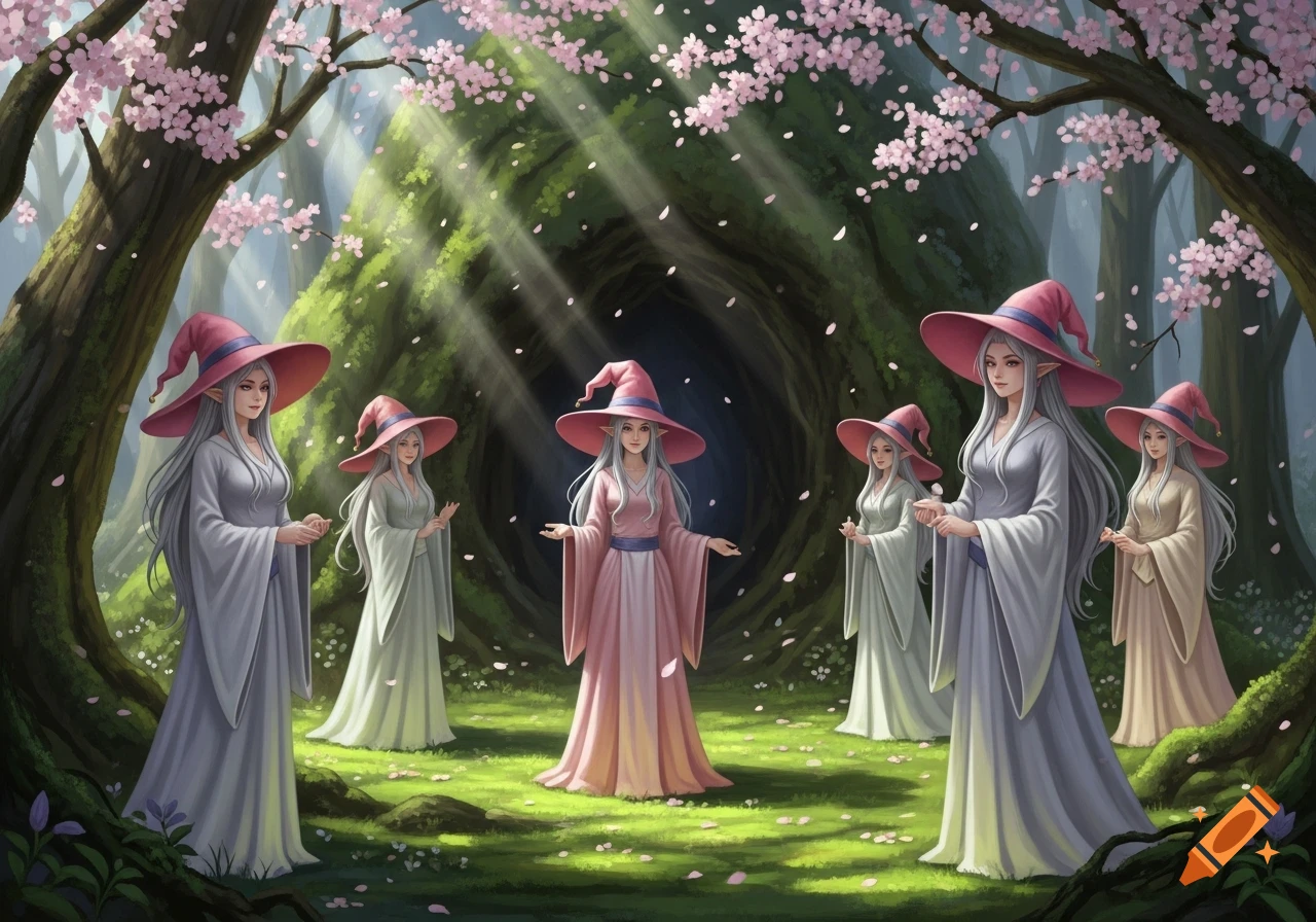 Multiple female elves in pink hats and robes stand in a magical forest with falling pink blossoms and sunbeams.