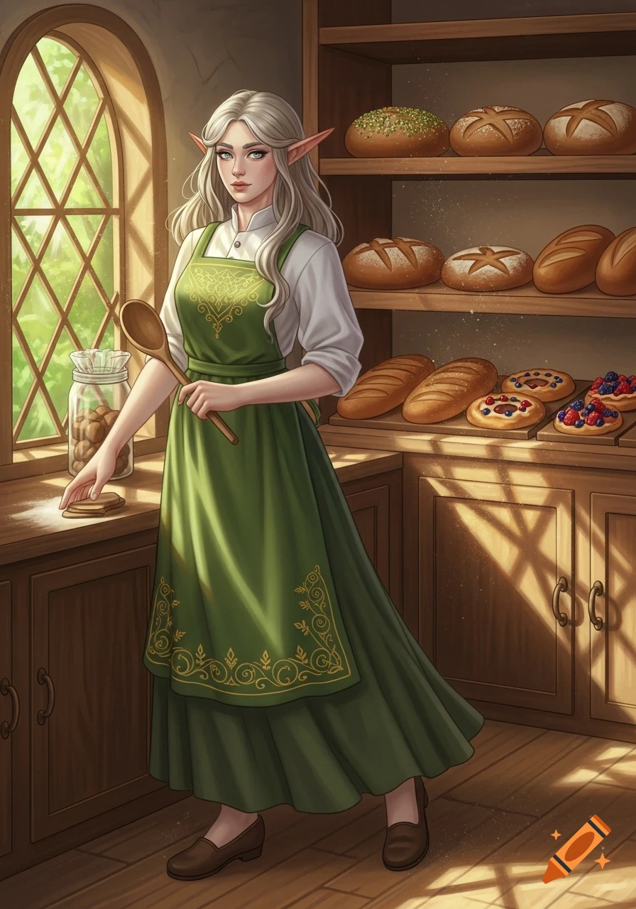 A female elf baker in a green apron stands in a rustic bakery, surrounded by fresh bread and pastries, holding a wooden spoon.