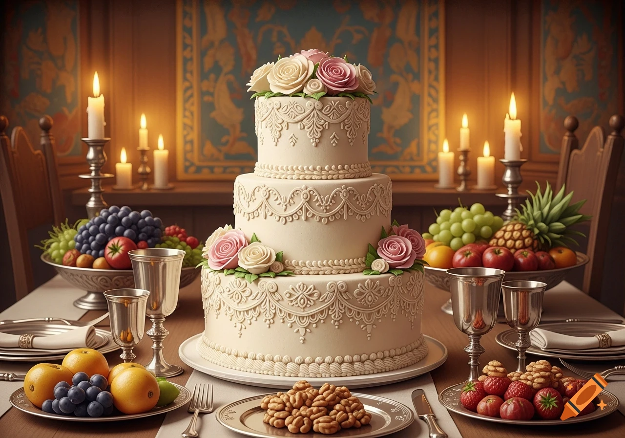 An elegant three-tiered cake adorned with pink and white roses sits on a candlelit banquet table with fruit and silver goblets.