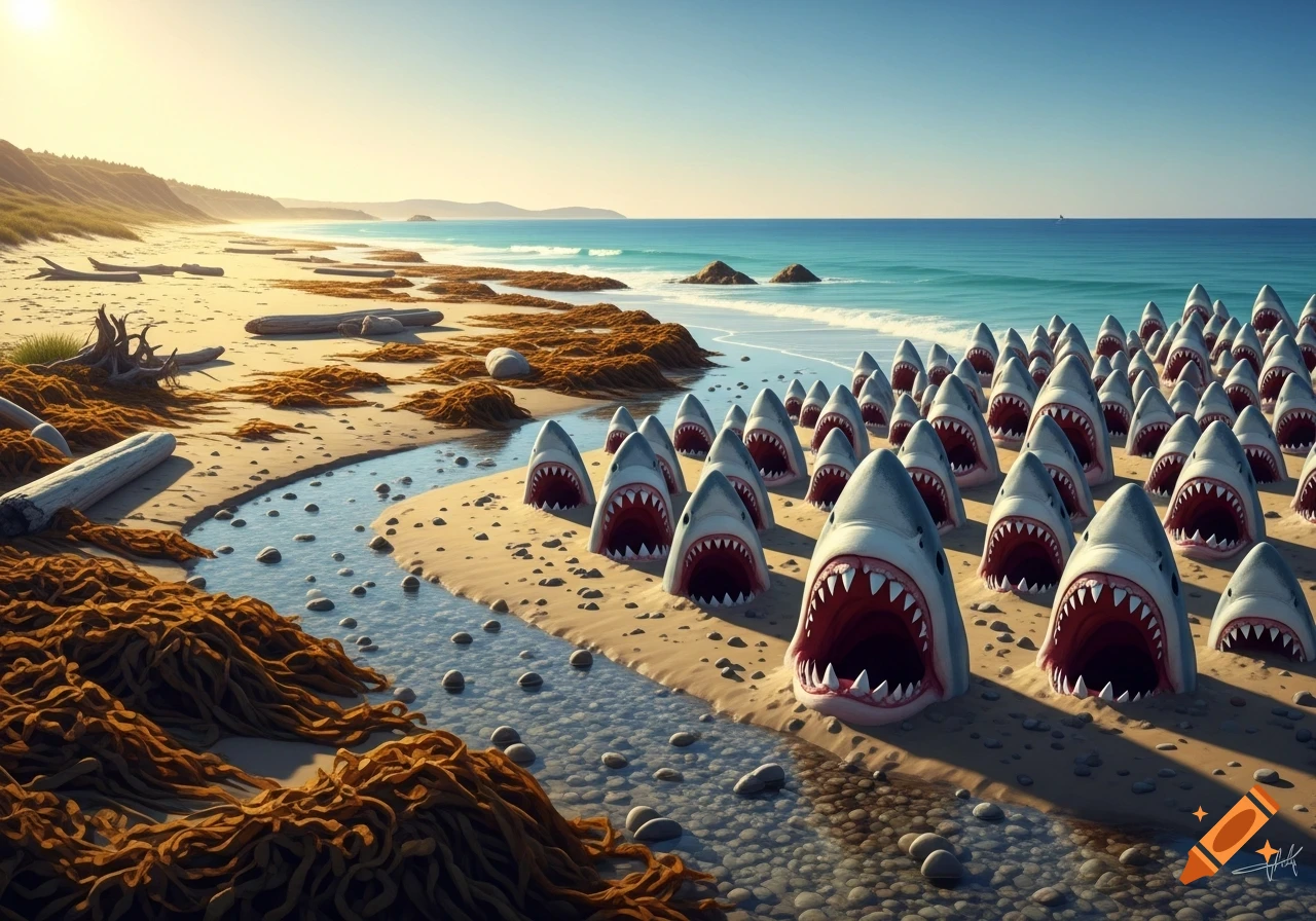 A scenic beach with a small stream, seaweed, and driftwood, with numerous cartoonish shark heads planted in the sand.