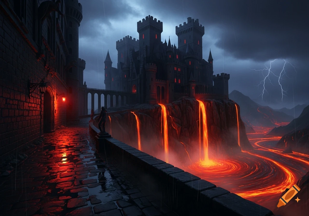 A dark, brooding castle with glowing red windows sits atop a cliff from which lava waterfalls into a molten river under a stormy, lightning-filled sky.
