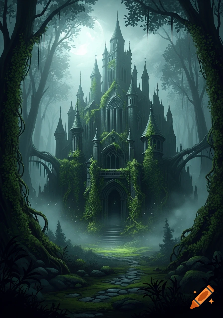 An overgrown, gothic castle stands in a misty, moonlit forest, with a glowing stone path leading to its entrance.