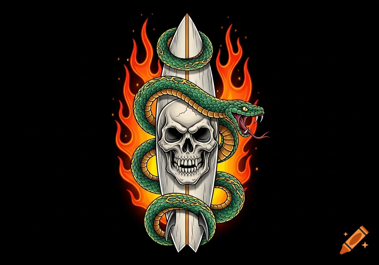 Vibrant tattoo-style illustration of a skull impaled by a surfboard, entwined by a green snake, with orange flames on a black background.