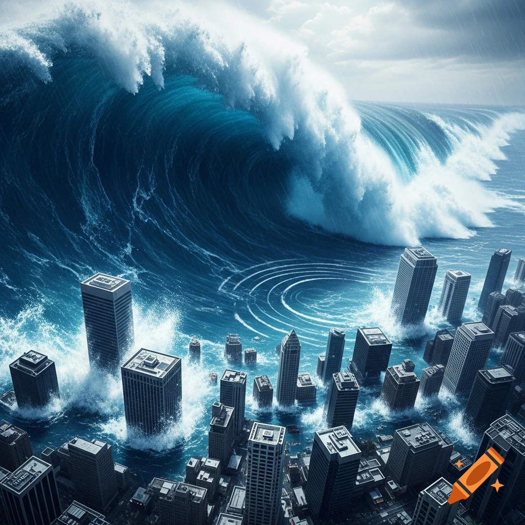 A massive, photorealistic tsunami wave crashes over a modern cityscape with skyscrapers, under a stormy sky.