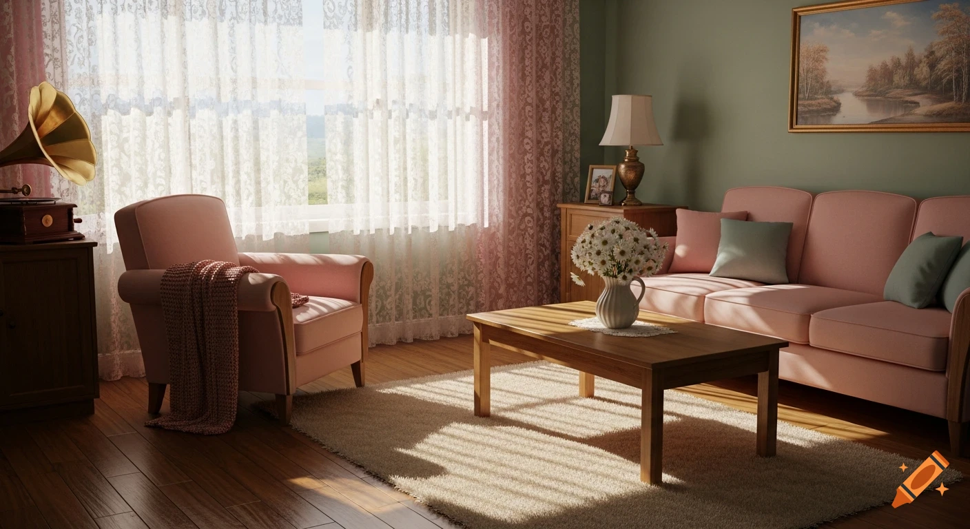 A cozy living room with a pink armchair, sofa, wooden coffee table with flowers, and a gramophone by a bright window with lace curtains, bathed in warm afternoon sunlight.