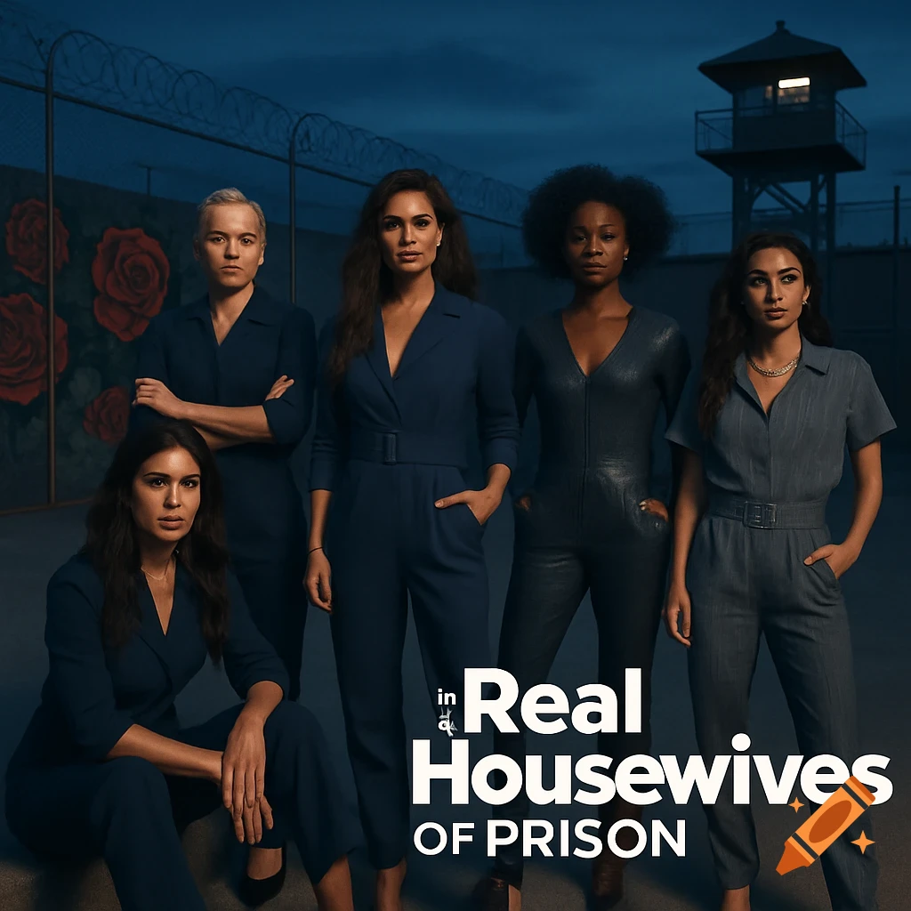 Five diverse women pose in a dark prison yard with a guard tower and roses, for 'Real Housewives of Prison' promotional art.