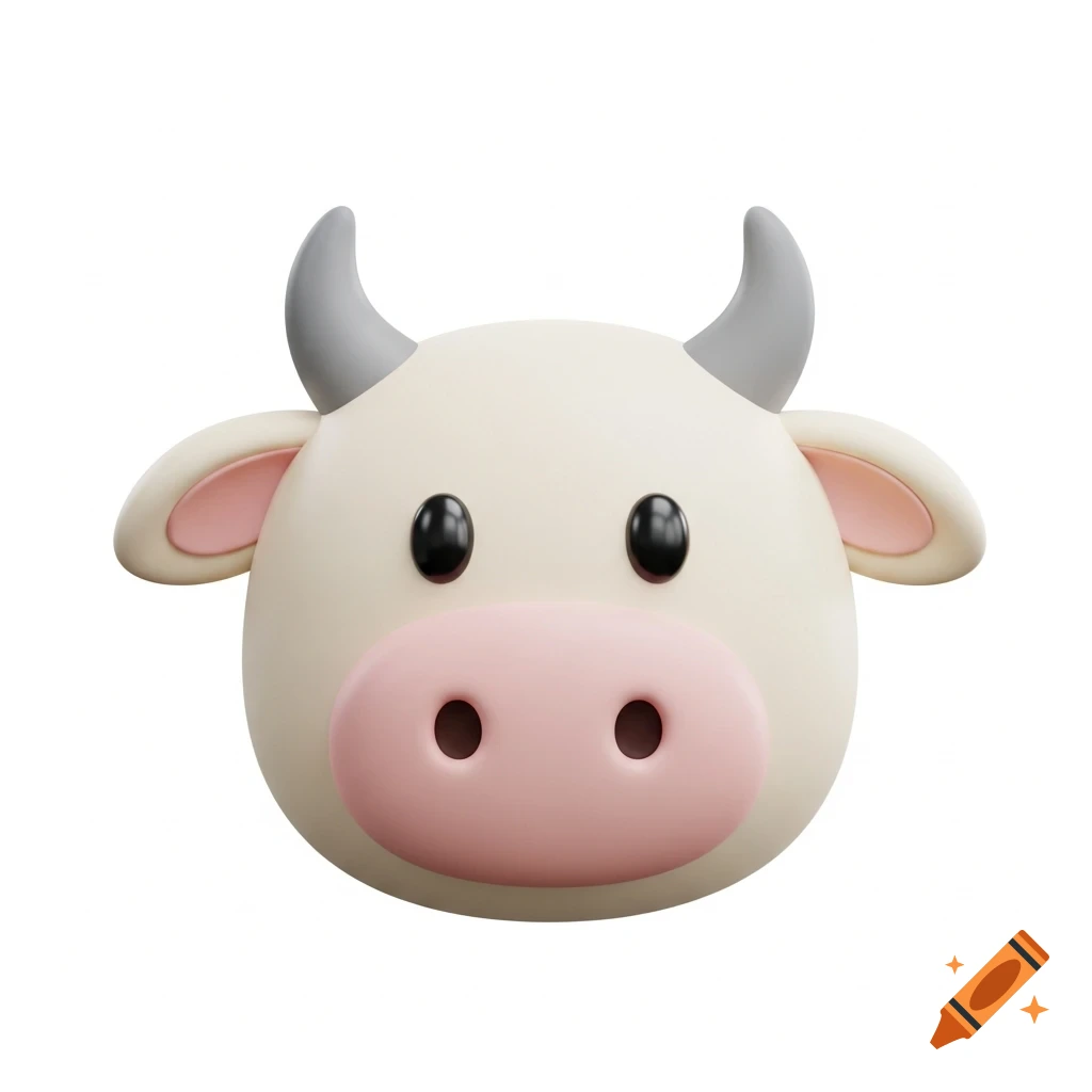 A cute 3D cartoon cow head with a light cream face, pink snout, black eyes, rounded ears, and gray horns on a white background.