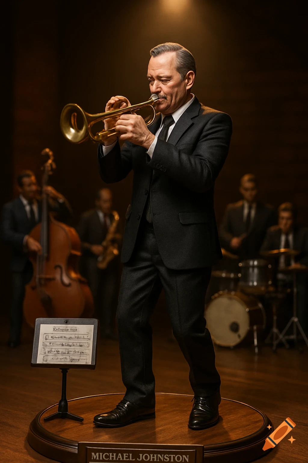An action figure of a man playing a trumpet on a stage, with a jazz band blurred in the background, and music notation on a stand.