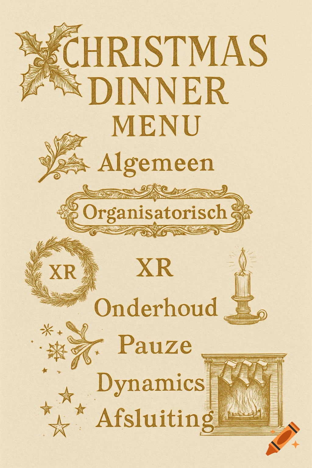 A vintage-style Christmas dinner menu with golden text and festive decorations including holly, a candle, and a fireplace with stockings.