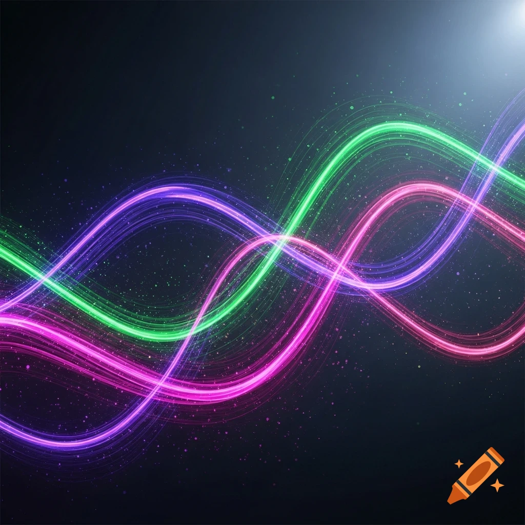 Intertwined glowing wavy lines in green, purple, and pink against a dark, speckled background.