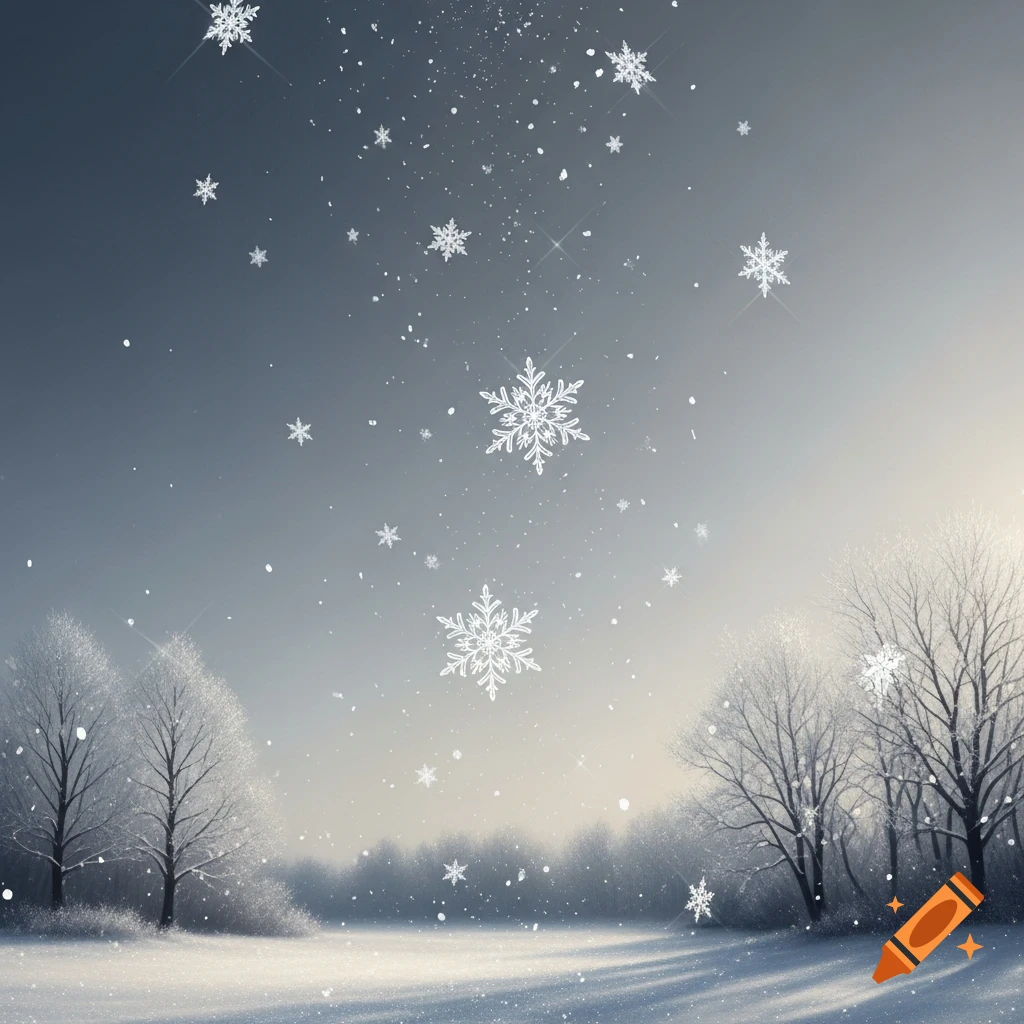 A serene winter landscape featuring snow-covered trees and large, bright snowflakes gently falling from a soft, grey sky.