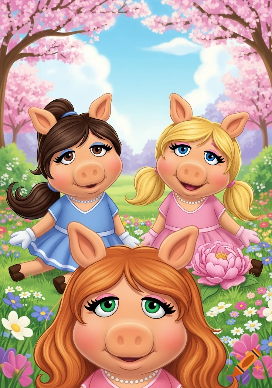 Three cartoon pig characters resembling Miss Piggy's daughters in a vibrant spring garden with cherry blossoms overhead.