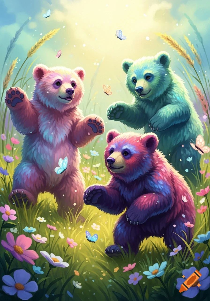 Three vibrantly colored cartoon bears, pink, green, and multi-colored, play in a sunny field among wildflowers and butterflies.