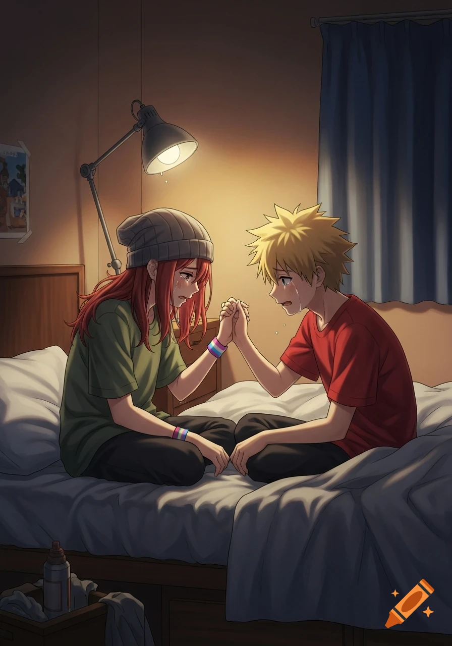 Two crying anime characters, a red-haired female in a beanie and a spiky-haired male, sit on a bed holding hands in a dimly lit bedroom.