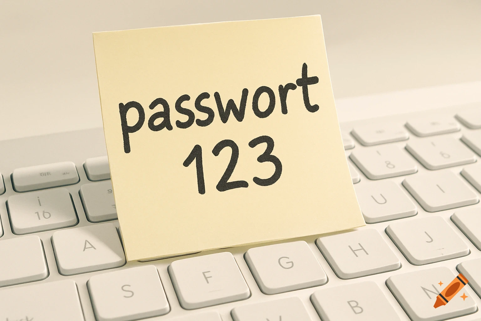 A yellow Post-it note with "passwort 123" written in black marker, stuck to a white computer keyboard.