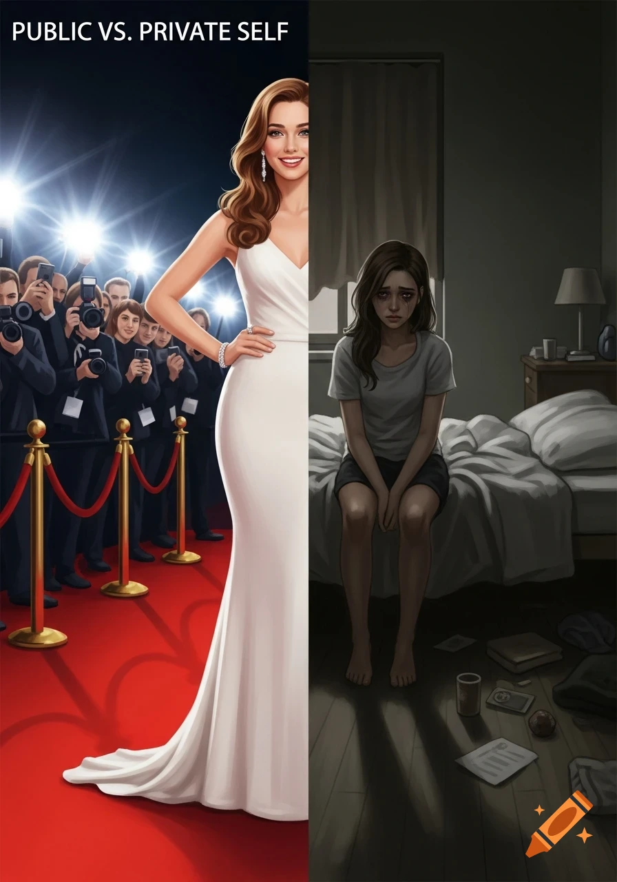 Illustration titled 'PUBLIC VS. PRIVATE SELF' showing a glamorous actress on a red carpet contrasting with her sad, private self in a dim room.