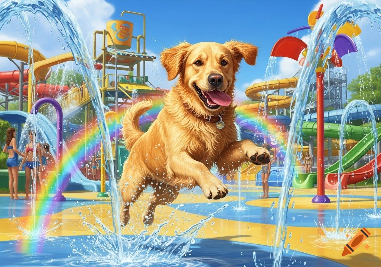 A happy golden retriever dog leaps through splashing water at a vibrant water park, a rainbow visible behind it. Digital art.