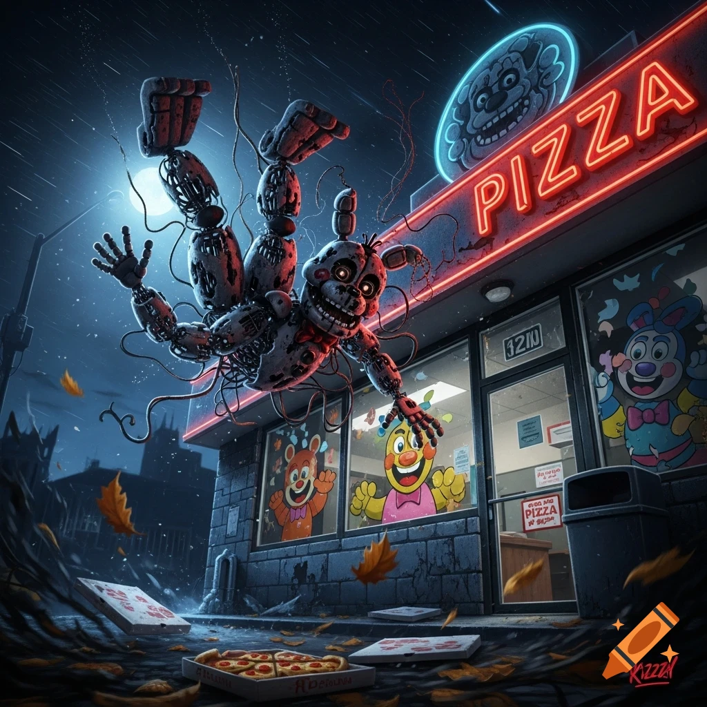 An animatronic character, resembling Mangle from FNAF, falls headfirst outside a pizza restaurant with neon signs under a night sky, with pizza boxes scattered on the ground and autumn leaves falling.
