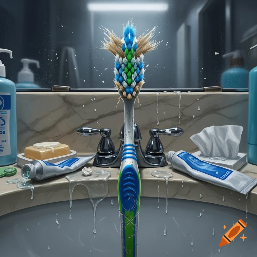 A highly stylized, bird-like toothbrush with blue, green, and brown bristles stands upright in a messy bathroom sink filled with water, toothpaste, soap, and soap dispensers, all covered in drips.