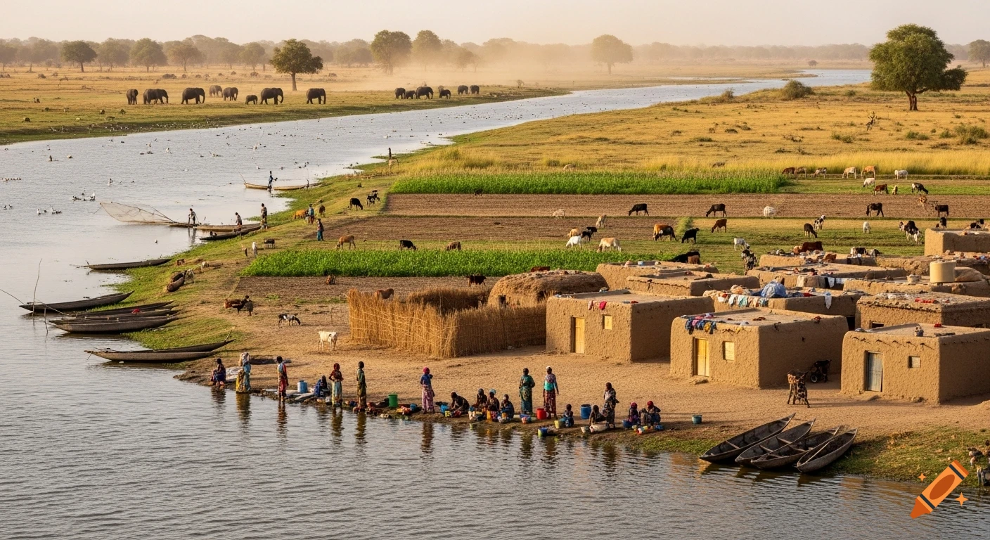 Photorealistic wide-angle river view separating a village with people, boats, livestock, and a savanna with elephants.