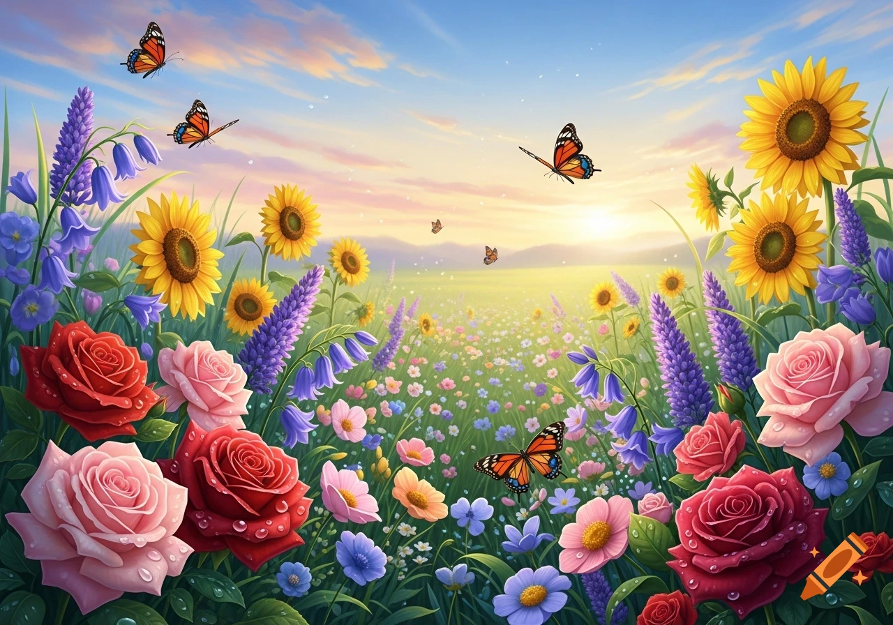 Vibrant field of colorful roses, sunflowers, lavender, and bluebells with butterflies flying under a bright sky at sunset.