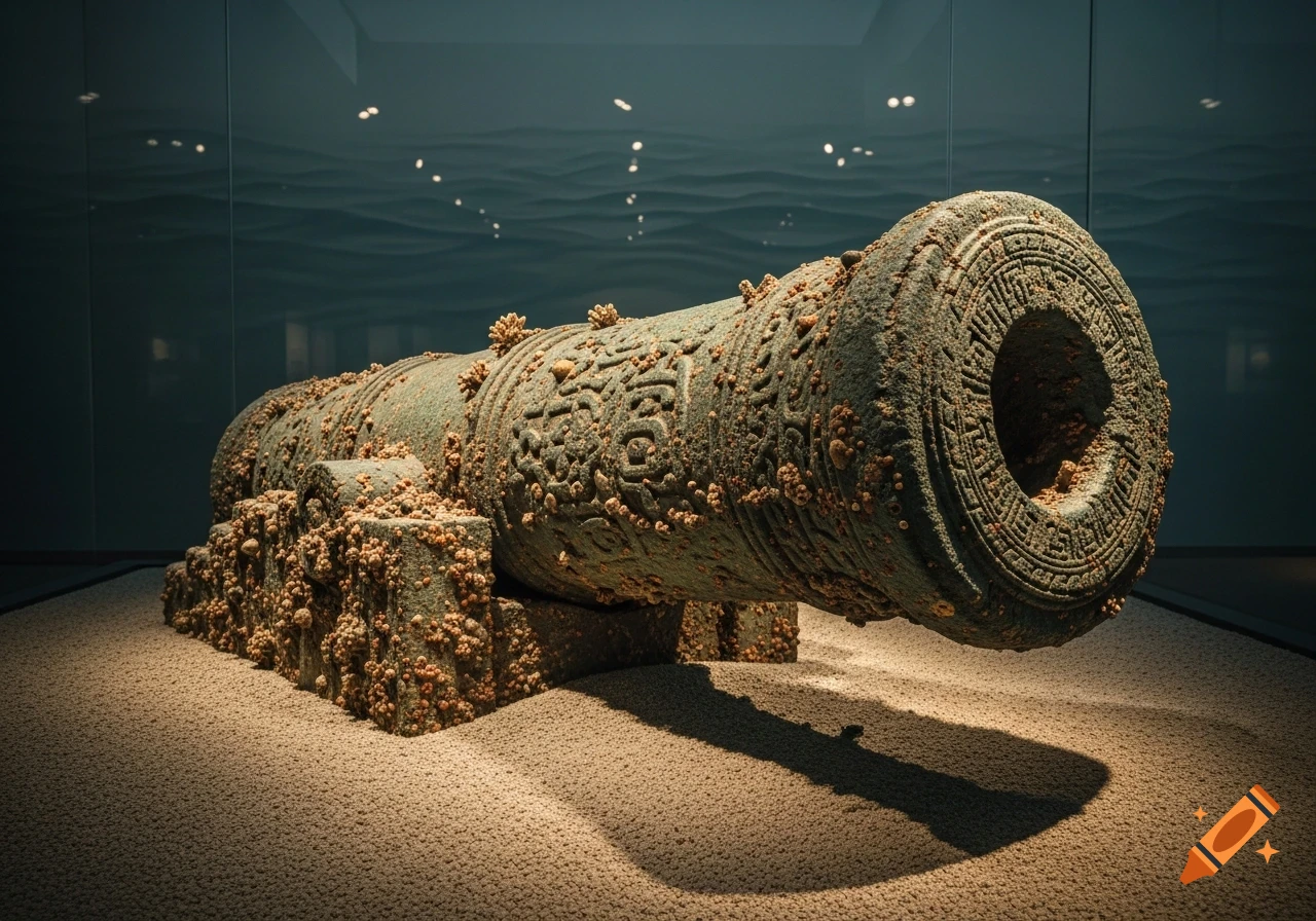 An ancient, crusty bronze cannon, covered in barnacles, displayed on sand in a museum with a wavy dark background.
