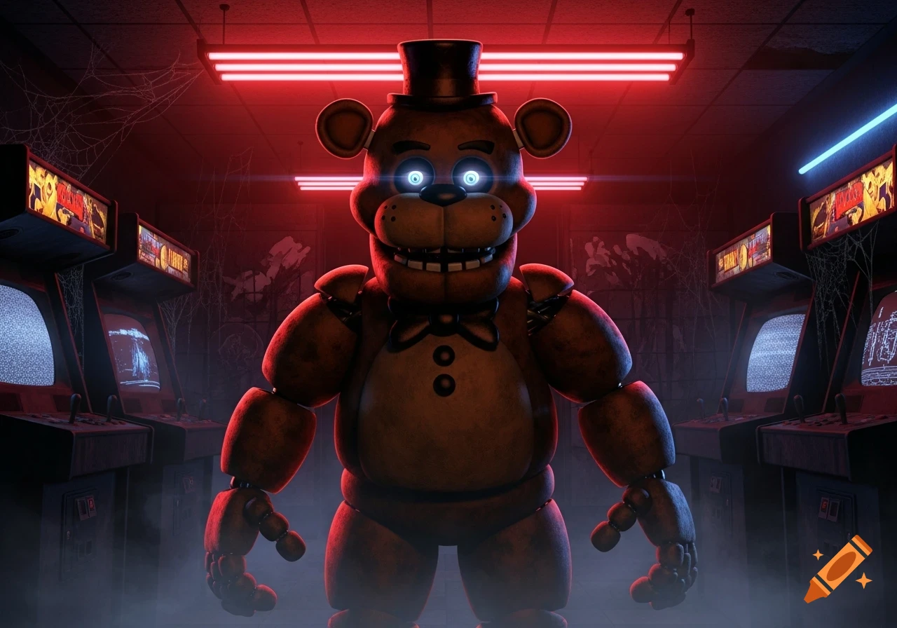 A menacing Freddy Fazbear animatronic with glowing eyes stands in a dark, red-lit arcade with spiderwebs and static-filled screens.