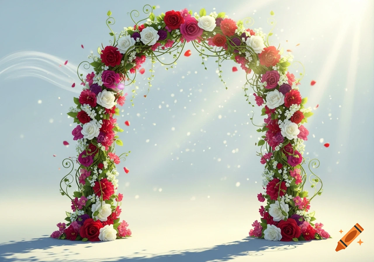 A vibrant flower arch made of red, white, and pink roses with green vines, set against a bright, softly lit sky background.