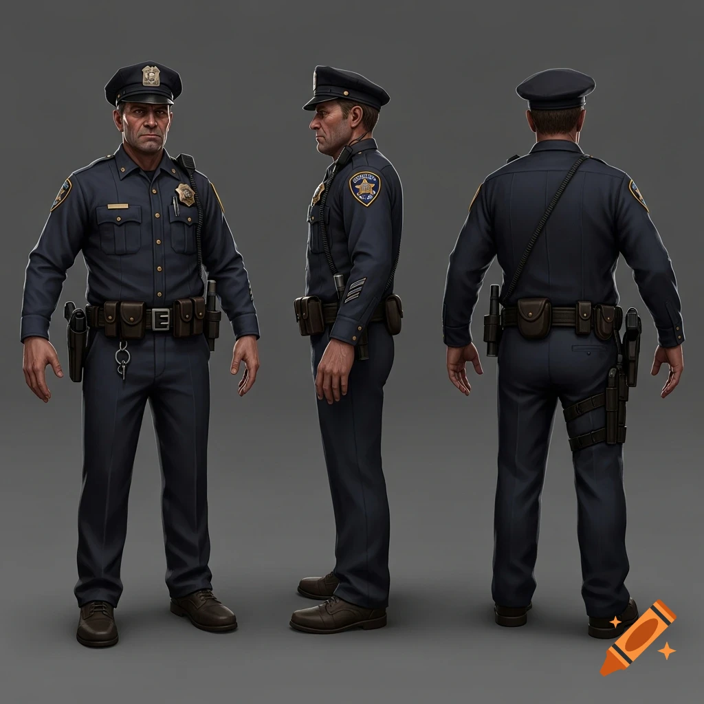 Three full-body views of a male police officer in a dark blue uniform and cap, standing against a grey background. Shows front, side, and back poses of the detailed character model.