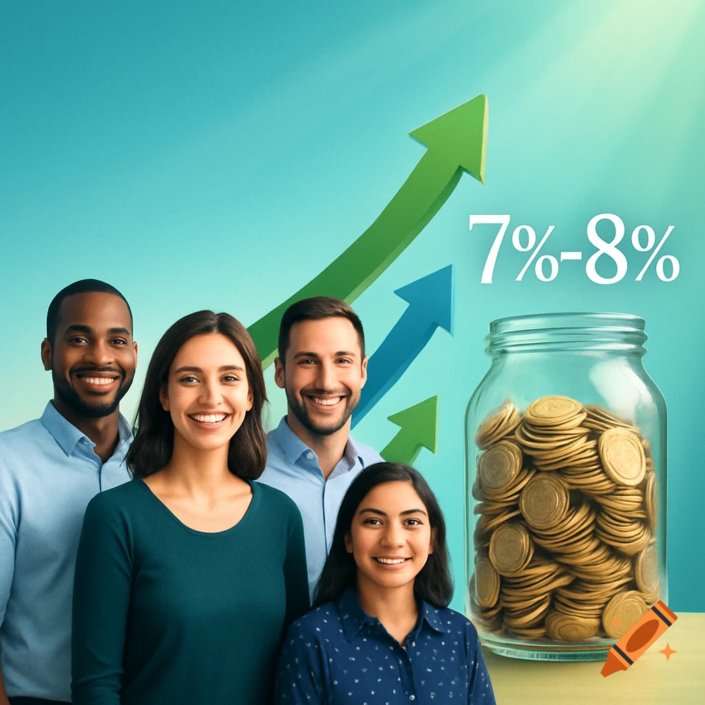 Four smiling diverse people with upward arrows and a jar of coins, displaying '7%-8%', representing financial growth.