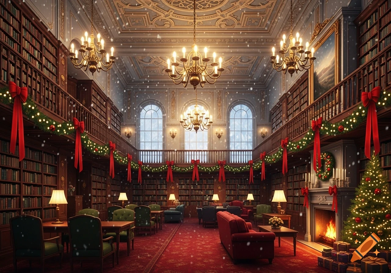 A grand library decorated for Christmas, with snow falling outside large windows, festive garlands, and cozy seating.