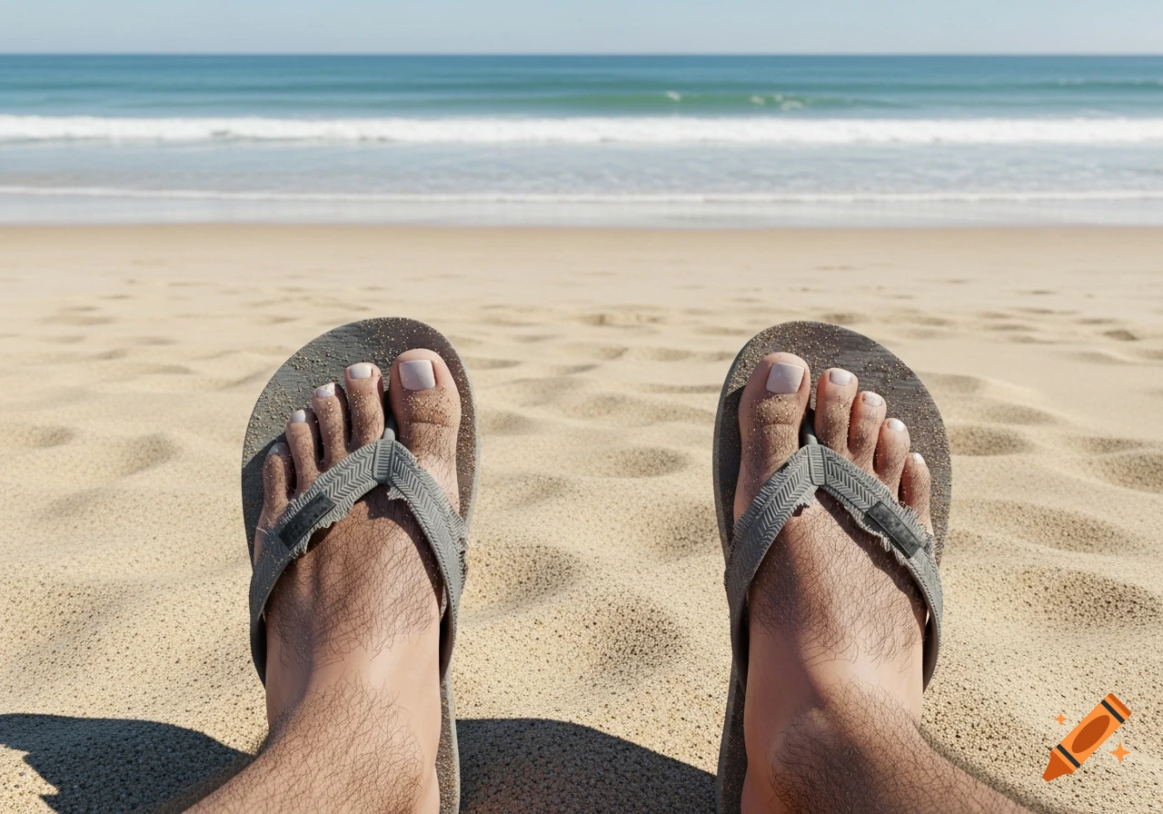 Close-up of two feet in gray flip-flops resting on a sandy beach, with the ocean and waves in the background under a clear sky.