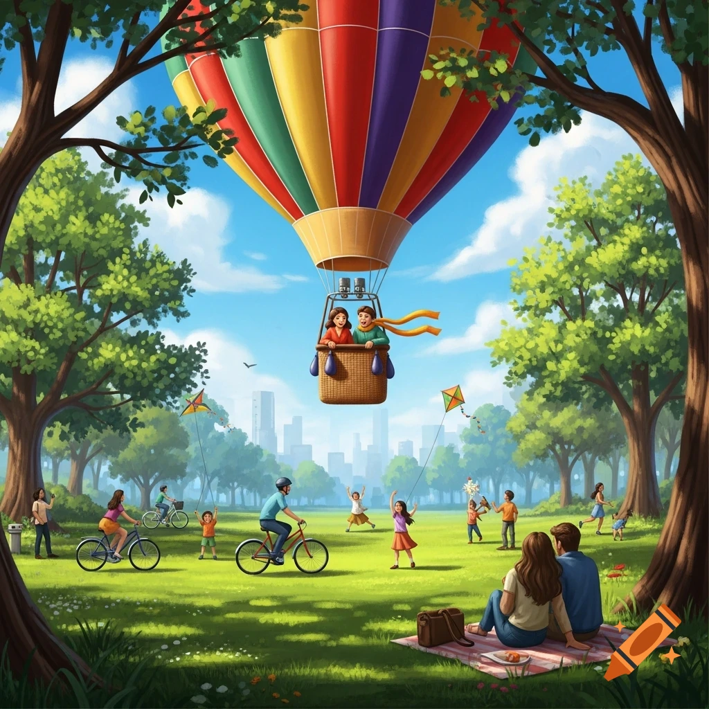 A colorful hot air balloon floats over a vibrant, illustrated park where people picnic, ride bikes, and fly kites on a sunny day.