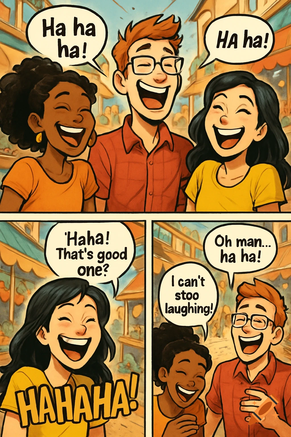 A comic strip showing three diverse friends laughing heartily together in multiple panels, with speech bubbles.