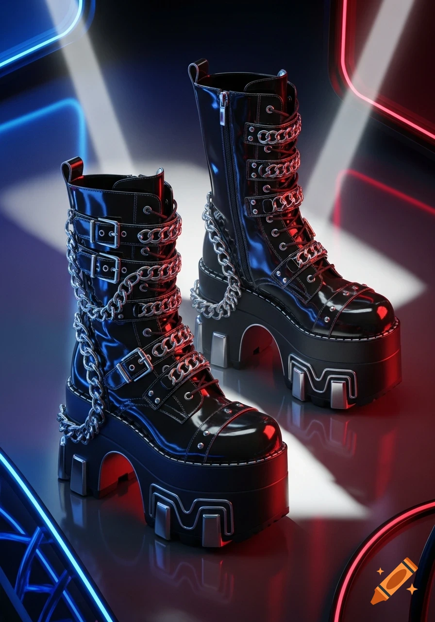A photorealistic image of black patent leather platform boots with silver chains and buckles, set against a dark reflective surface with neon red and blue lighting.