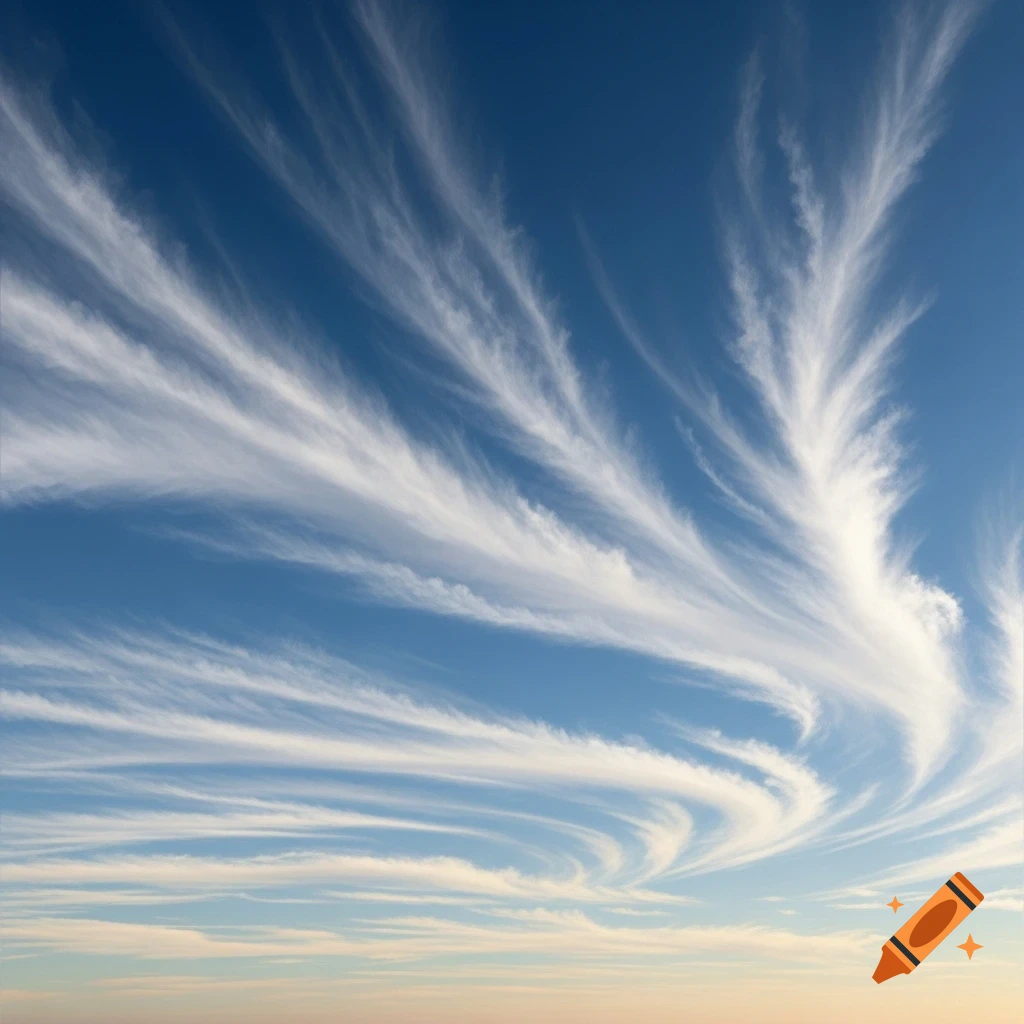 A vibrant blue sky filled with long, wispy white cirrus clouds stretching across in graceful, wind-blown patterns.