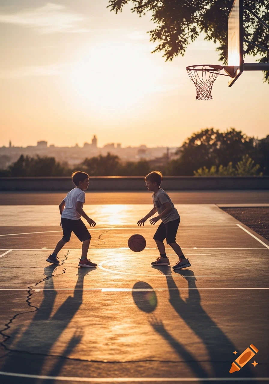 Two boys play basketball on an outdoor court at sunset, with long shadows across the pavement.