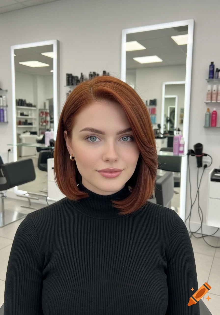 A young woman with a red bob haircut and blue eyes, wearing a black turtleneck, in a hair salon.