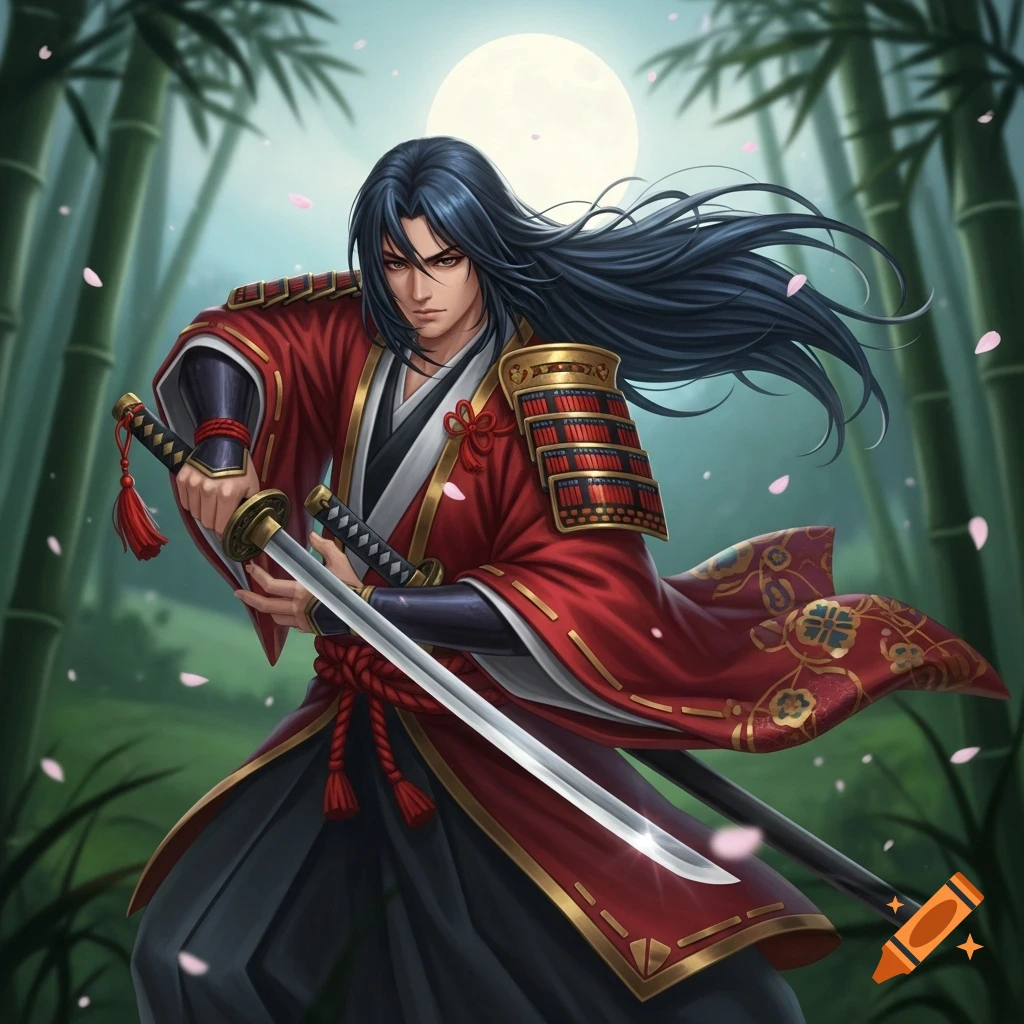Anime samurai with long dark hair, wearing red and gold, holding two swords in a bamboo forest under a full moon.
