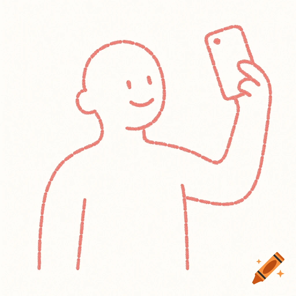 A minimalist, red dashed-line illustration of a person taking a selfie with a smartphone against a white background.