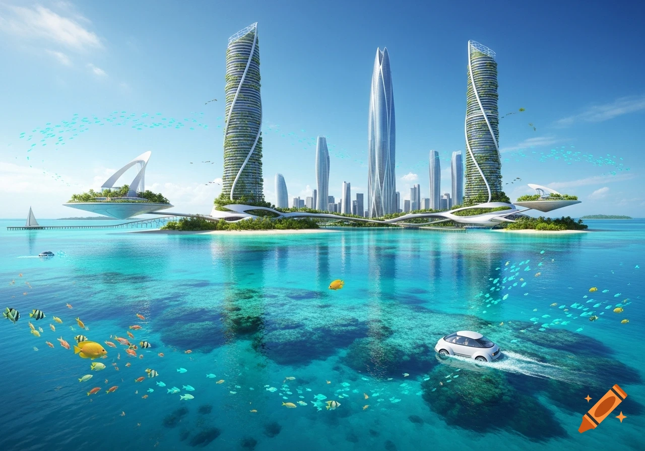 Photorealistic futuristic city with towering green buildings on tropical islands, clear turquoise water, diverse fish, and a submersible car.