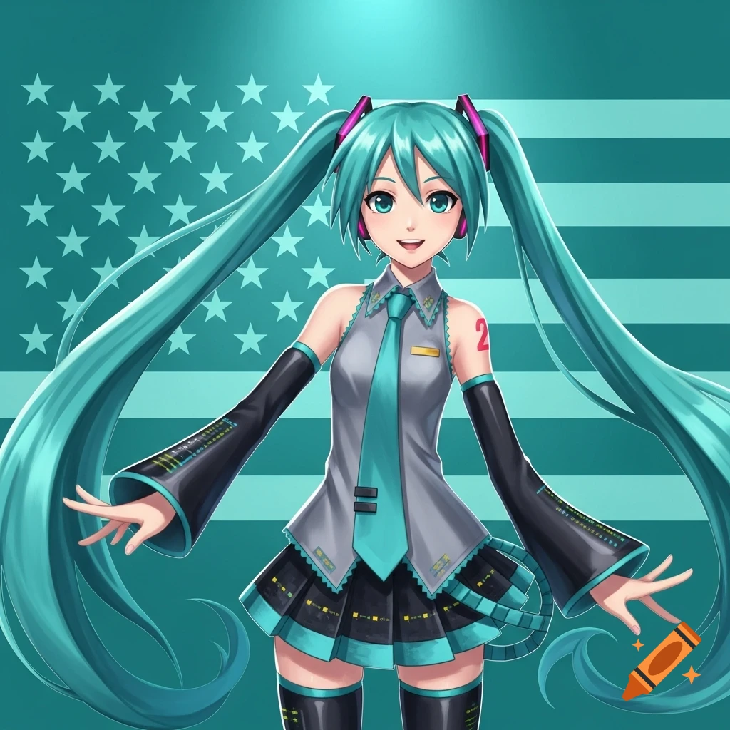 Hatsune Miku, an anime character, stands against a teal American flag background with stars and stripes.
