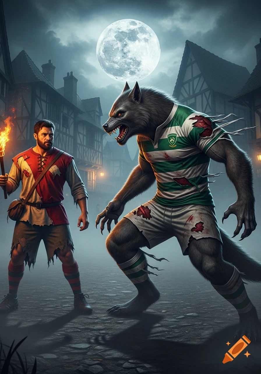 A man with a torch confronts a menacing werewolf in a torn rugby uniform under a full moon in a medieval village.