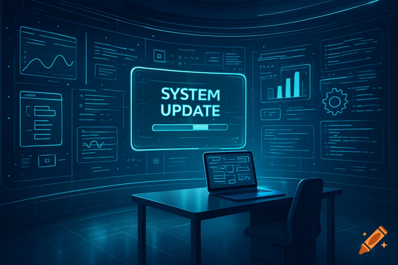 A futuristic blue-lit room with a desk, chair, and laptop, dominated by large digital screens displaying 'SYSTEM UPDATE' and various UI elements.