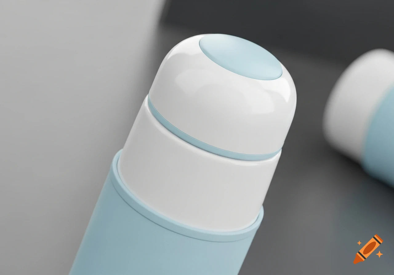 A close-up view of a sleek, modern water bottle, predominantly white with light blue accents, set against a grey background.